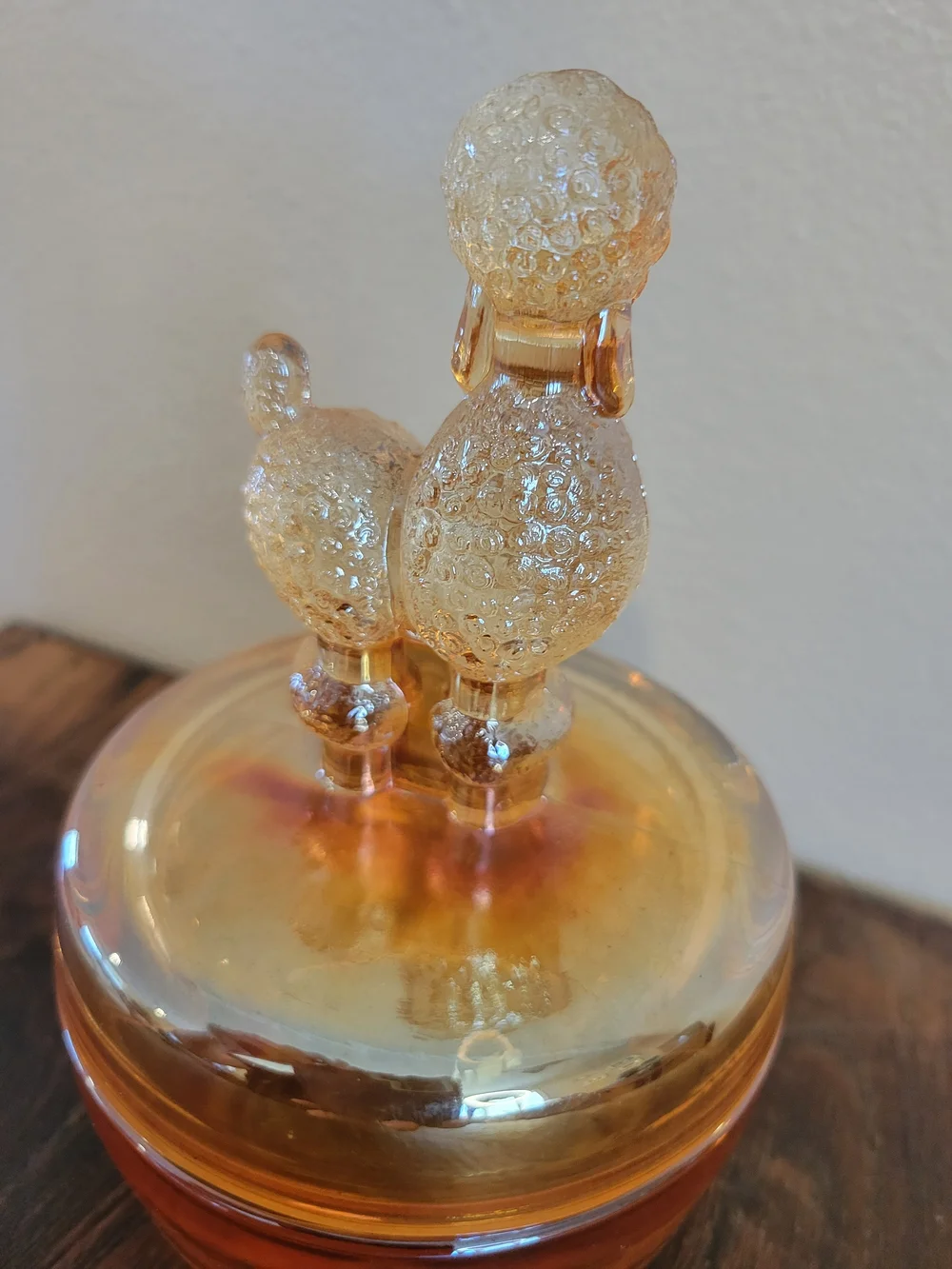 Marigold Carnival Glass Poodle Vanity Jar - Decorative Bathroom Trinket Storage